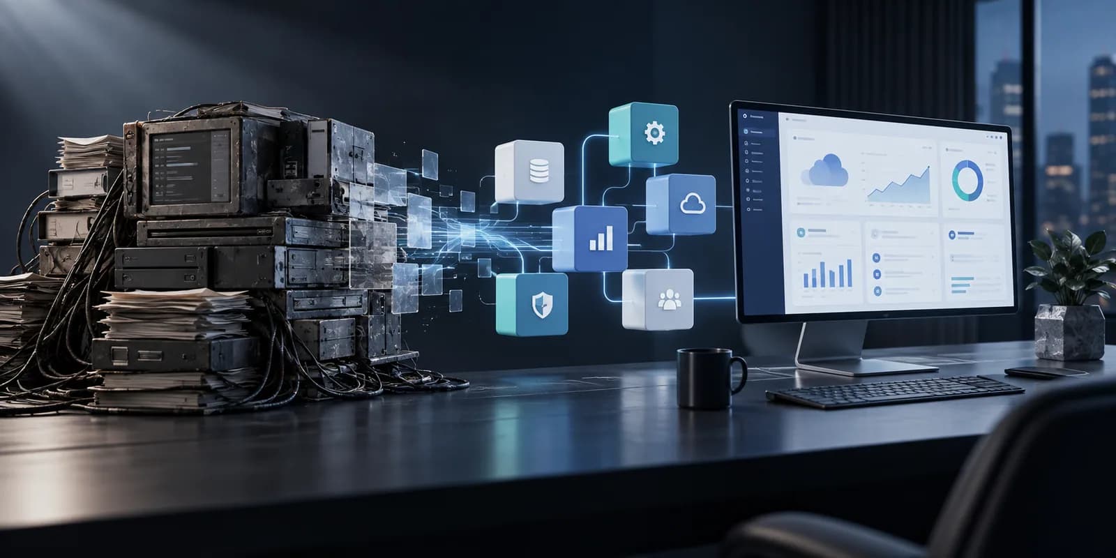 A legacy technology stack transforming into a modern modular cloud platform