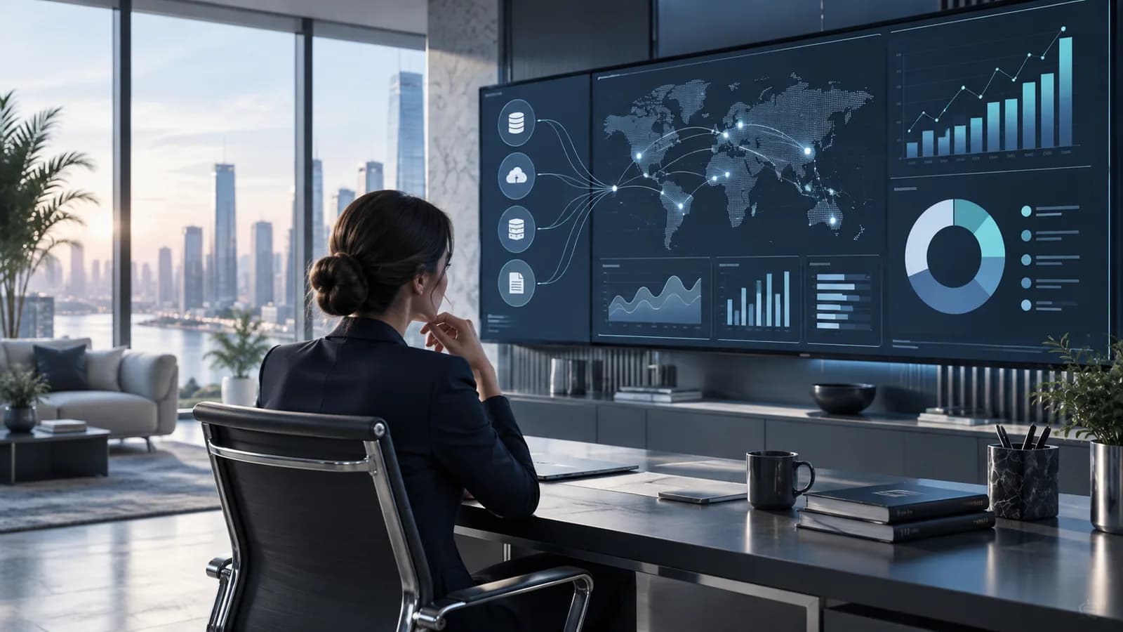 An executive reviewing connected operational data on a decision dashboard
