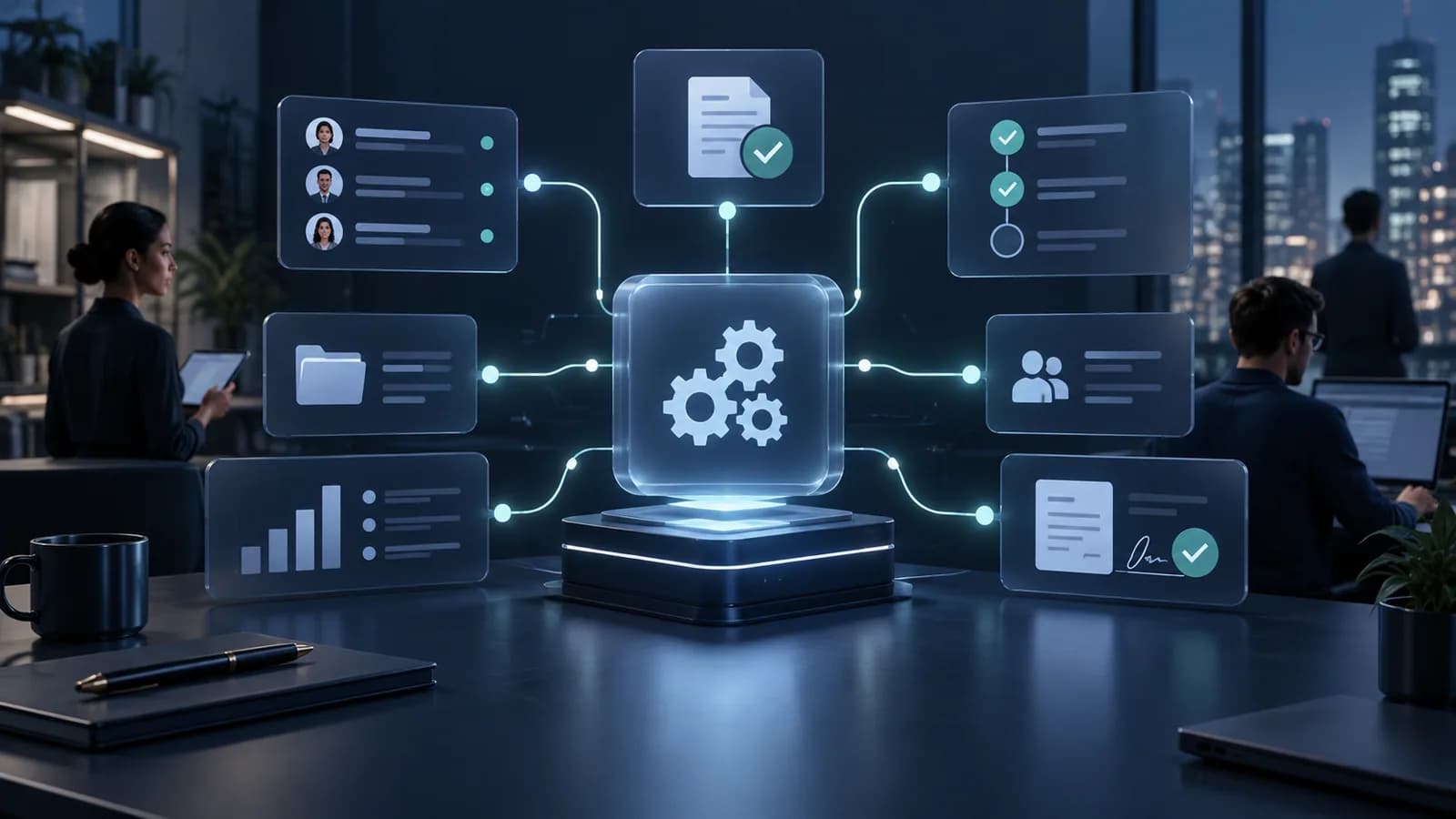 Connected workflow and approval panels in a modern operations workspace