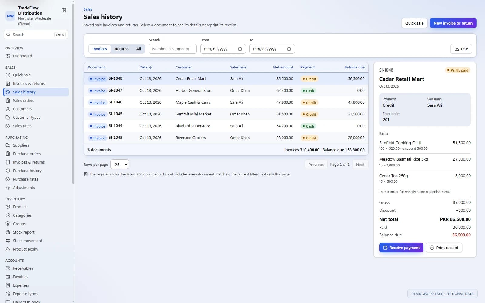 TradeFlow sales register with fictional invoices and an open invoice showing items, partial payment and balance due.