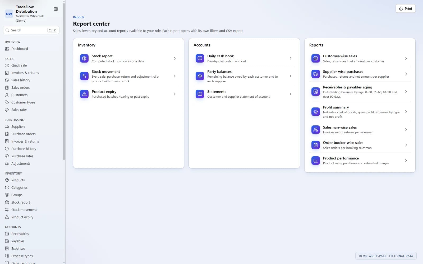 TradeFlow report center showing inventory, accounts and sales reporting destinations available to the demo user.