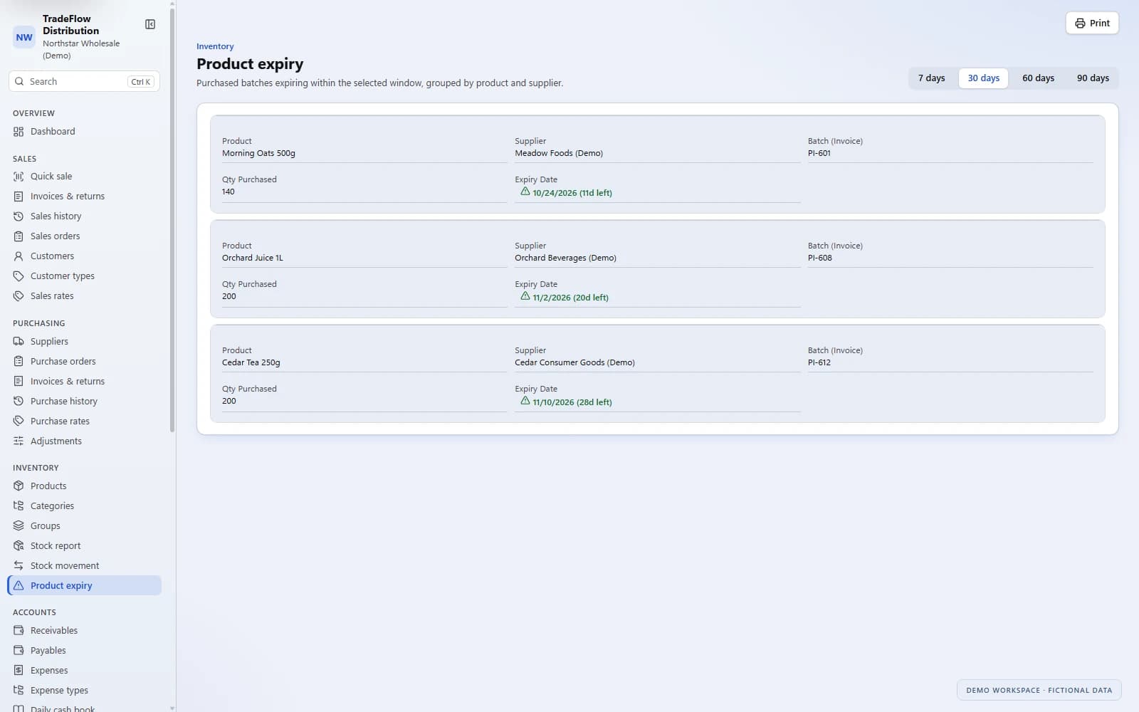 TradeFlow product expiry view showing three fictional purchased batches with supplier names, quantities and expiry dates.