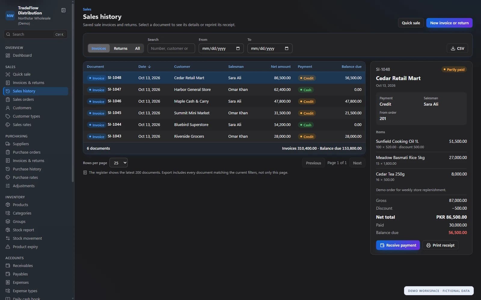 TradeFlow sales history in dark mode with a fictional invoice and partial payment details.