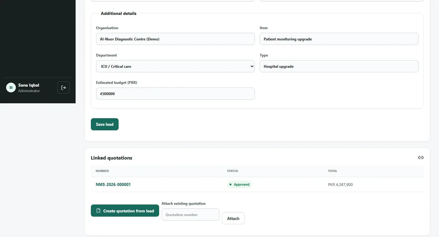 Lead page showing custom fields Organisation, Item, Department, Type and Estimated budget, and a linked quotation NMS-2026-000001 marked Approved for PKR 4,387,900.