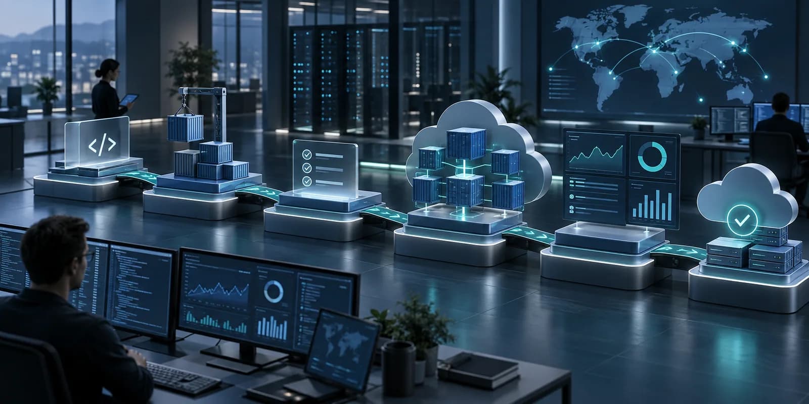 A connected cloud delivery pipeline with containers and monitoring