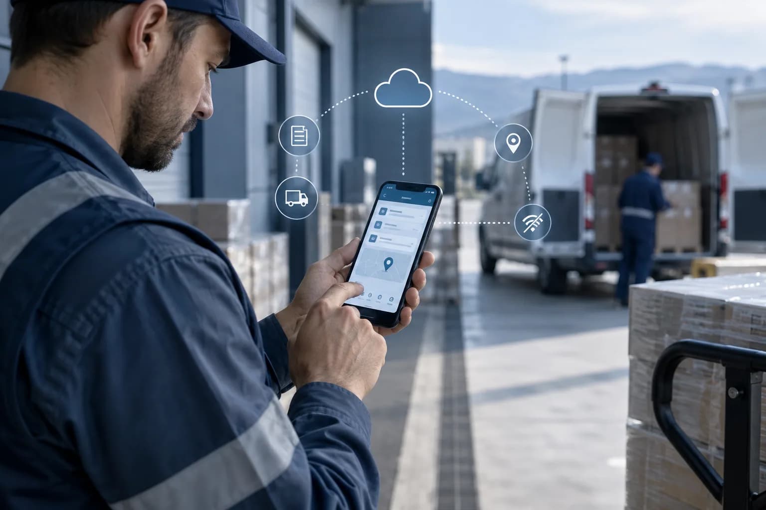 A field professional using a connected mobile workflow during delivery operations
