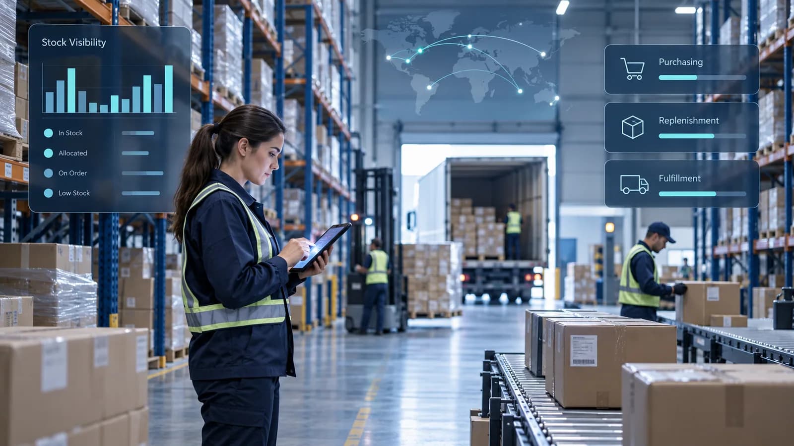 A modern warehouse with connected stock, purchasing, replenishment, and fulfillment visibility
