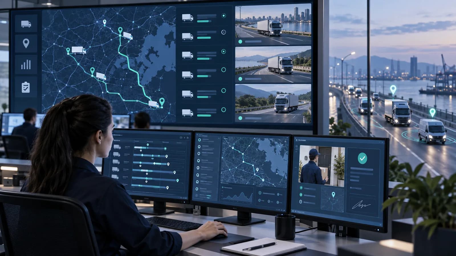 A logistics control center coordinating routes, fleet status, and proof of delivery