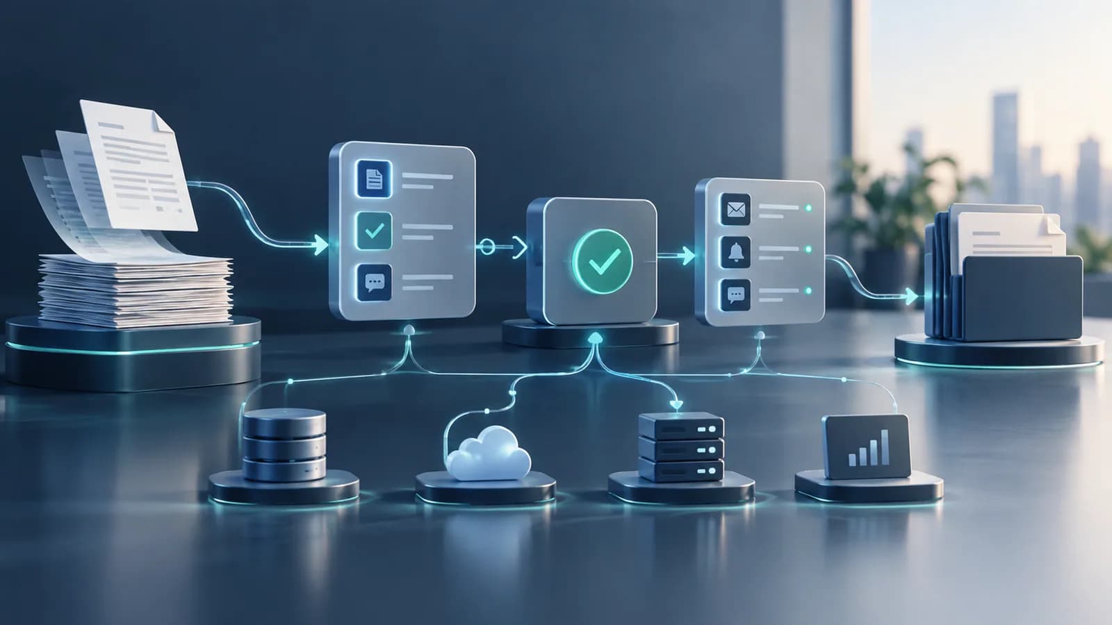 Documents and approvals moving through a connected automated workflow